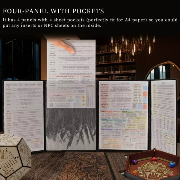 CZYY DND Dungeon Master Screen Faux Leather Embossed, Four-Panel with Pockets - Picture 5 of 6